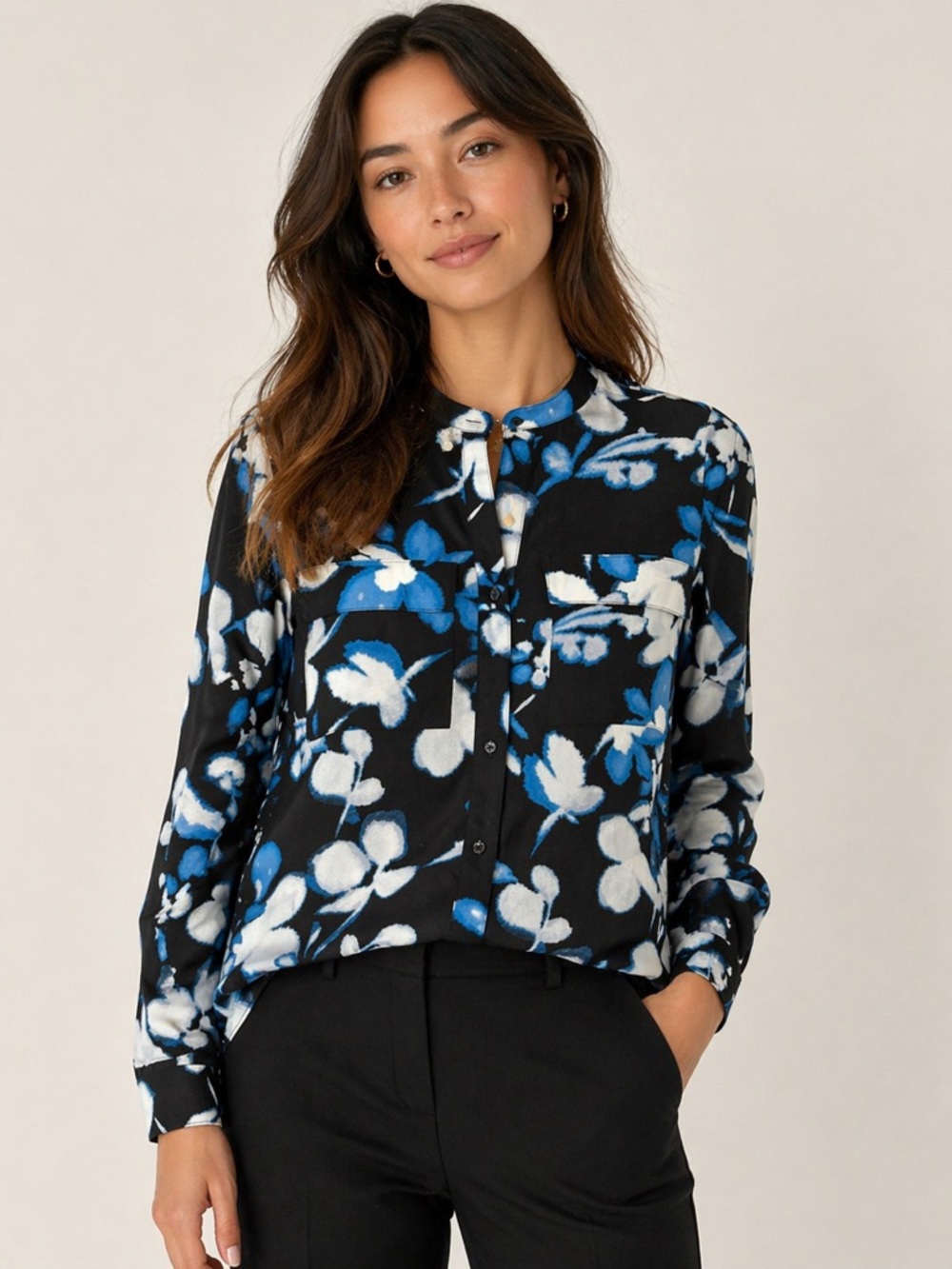 Calvin Klein Black Floral Button-Down blouse Size Small
